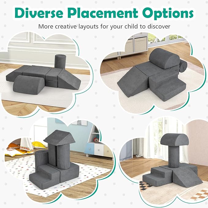 Costzon Toddler Climbing Toys Indoor, 6 Pieces Foam Climbing Blocks for Baby Inside with Skin-Friendly Chenille Fabric, 30D High-Density Foam & Carrying Handles, Soft Play Climbing for Toddlers (Gray)
