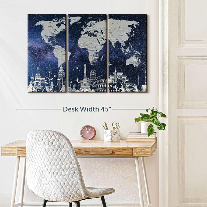 ElephantStock Starry World Map Multi Piece Canvas - 3 Panel Wall Decor - Map of the World Art - Canvas for the Office and Home - 38" X 24"