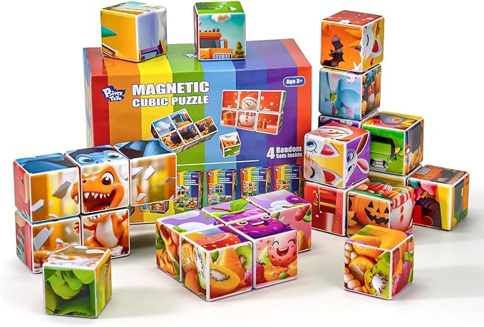 Magnetic Cubes for for Kids, 4 Packs Total 24 PCS & 24 Patterns, Pack of 4 Random Themed Puzzles Bundle, Preschool Educational Brain Teaser Toys for Toddlers