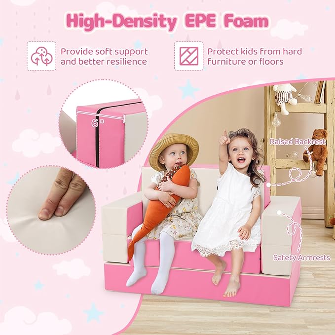 Costzon Climb and Crawl Foam Set, 4-in-1 Convertible Furniture Into Toddler Bed, Sofa, Table, Activity Play Blocks, 8-Piece Lightweight Colorful Interactive Set for Baby and Preschooler (Pink)