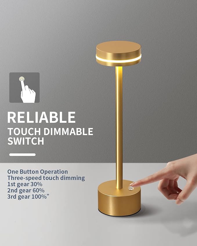 PUSU Table Lamps with Touch Control,Cordless Battery Operated Led Desk Lamp,3-Level Brightness Portable Table Lamp,for Living Room Office Bedroom Dormitory Restaurant Camping.