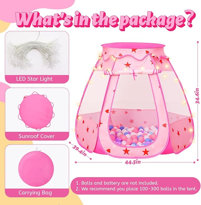 Pop Up Princess Tent with Star Light：Toy for Girl Birthday Gifts, Portable Ball Pit with Outdoor Carry Bag, Collapsible Kids Play Tent for Toddler Indoor Activity Playhouse, NO Balls(Pink)