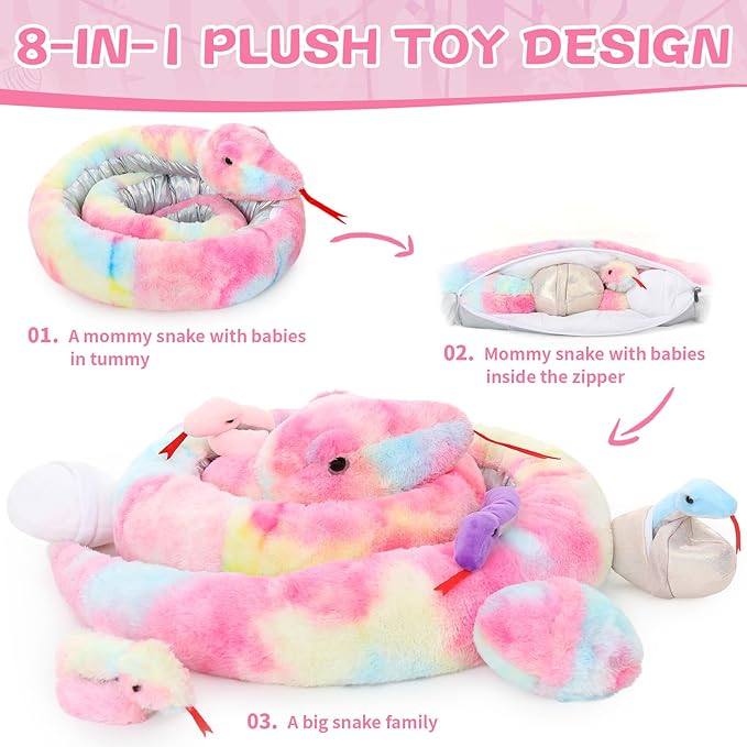 MaoGoLan 118 inch Giant Stuffed Snake Mommy with 4 Babies & 3 Eggs Inside, 8Pcs Rainbow Snake Stuffed Animal Bulk Large Boa Constrictor Plush for Boys Girls Kids Halloween Props Birthday Gifts