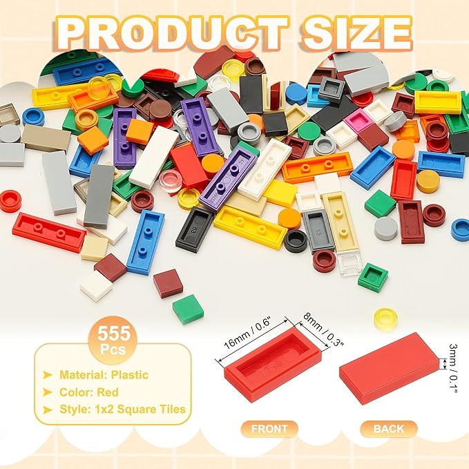 PATIKIL 555 Pcs Flat Blocks Bulk, 1x2 Square Dark Red Classic Tiles Smooth Surface Mini Building Blocks Accessories Compatible Bricks Kits for Building Floor Walls Mosaic Pixel Arts