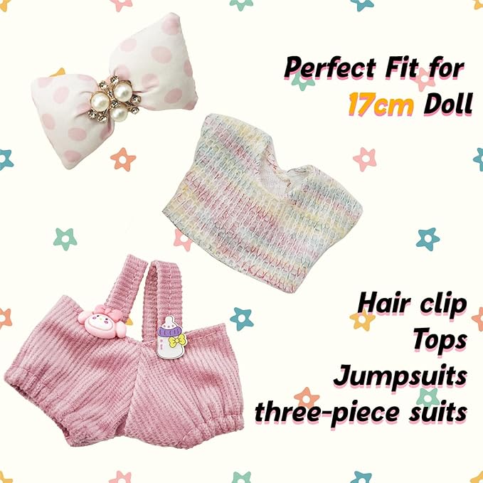 Clothes for 17cm Doll, 3 PCS Cute Pink Hair Clip & Jumpsuits Set, Dress up Outfit Exquisite Accessories for Dolls