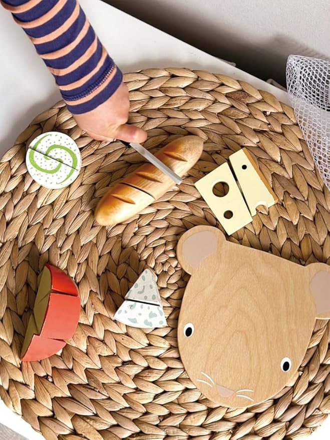 Tender Leaf Toys - Cheese Chopping Board - Wooden Play Food Set with 4 Choppable Cheeses, Baguette, Wood Knife and Illustrated Board - Improves Fine Motor Skills - Develops Social Skills - Age 2+