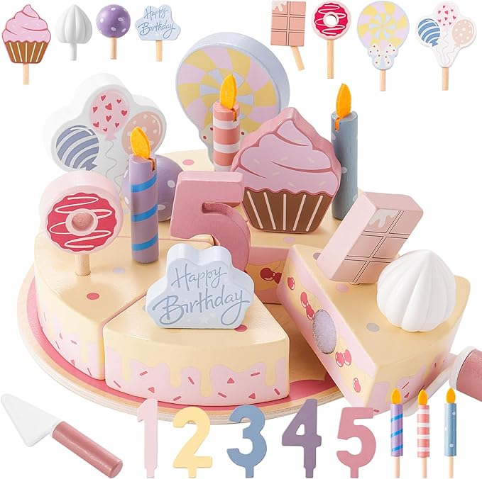 Birthday Party Cake Toys, Wooden Play Food Set for Kids Toddlers, Play Kitchen Toys for Boys Girls, Educational Toys