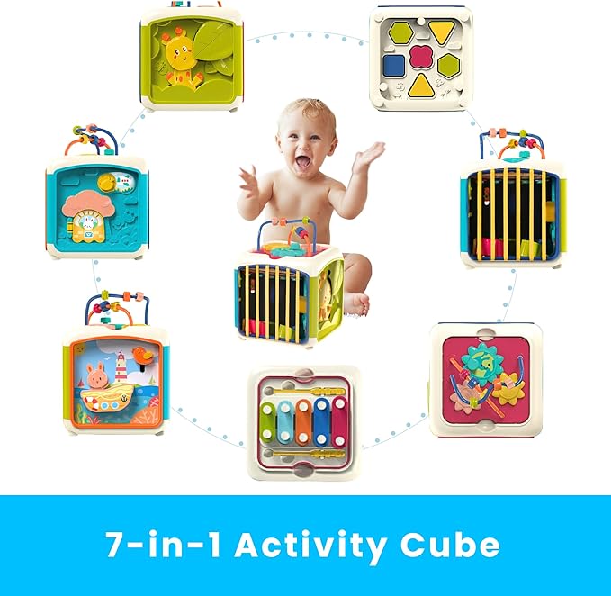PlenPLAY 7-in-1 Activity Cube for Toddlers 1-3 - Educational Toy with Shape Sorter, Abacus, Xylophone, Peekaboo, Slides, and Gears - Sensory Toys for Toddlers 1-3