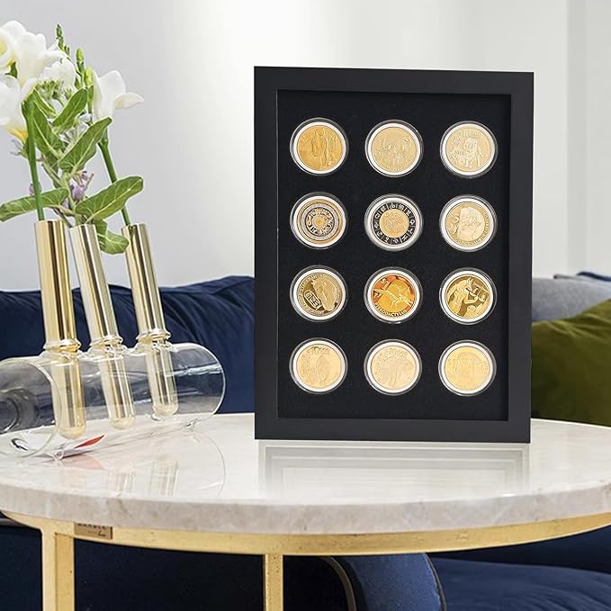 Wooden Challenge Coin Display Shadow Box,12 Coin Display Case,Military Coin Holder Display,Casino Chip Display Case Cabinet Holder,Collector Coin Display Frame ,98% UV Protection,with HD Glass.