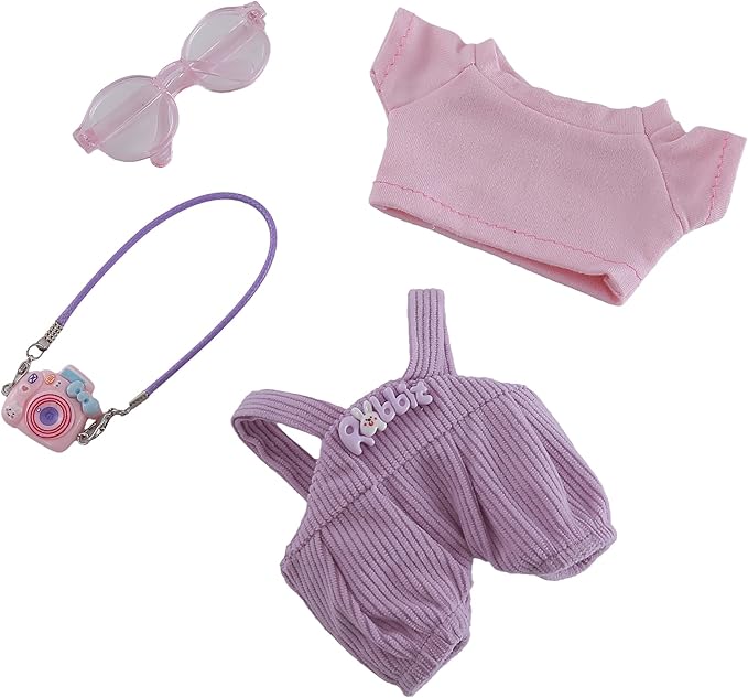 17cm Doll Clothes Set 3-Piece Doll Clothing Set with Purple Overalls Pink Glasses Accessories for 17cm Plush Dolls, Clothes Only, No Doll Included
