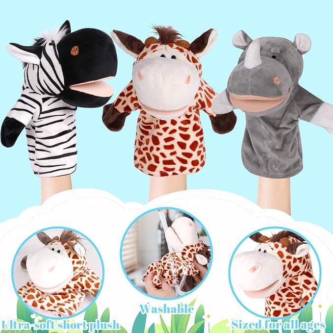6Pcs Hand Puppets for Toddlers - Stuffed Animal Puppets for Kids, Including Lion, Zebra, Gorilla, Giraffe, Rhino and Donkey for Puppet Show Theater, Stocking Stuffers for Kids