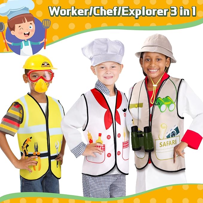 Deekin 3 Sets Kids Dress Up Clothes for Play Age 3-7 Ages, Toddler Dress Up Costumes Vest Role Play Community Helpers Construction Worker, Chef, Explorer for Boys Girls Costumes Accessories