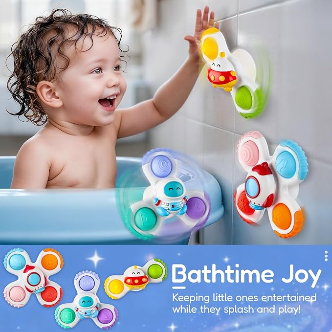 ALASOU 3PCS Pop Suction Cup Spinner Toys for 1 Year Old Boy Girl|Novelty Spinning Tops Toddler Toys Age 1-2|Sensory Baby Bath Toy for Toddlers 1-3|12 18 Months Boy Birthday Gift for Infant