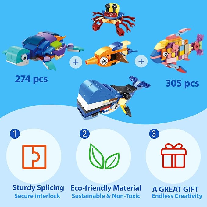 30 Packs Building Blocks Party Favors for Kids, 10 in 1 Mini Animals Building Block Sets for Classroom Prizes, Birthday, Party Favors Return Gifts, Valentines, Easter Gifts (Ocean)