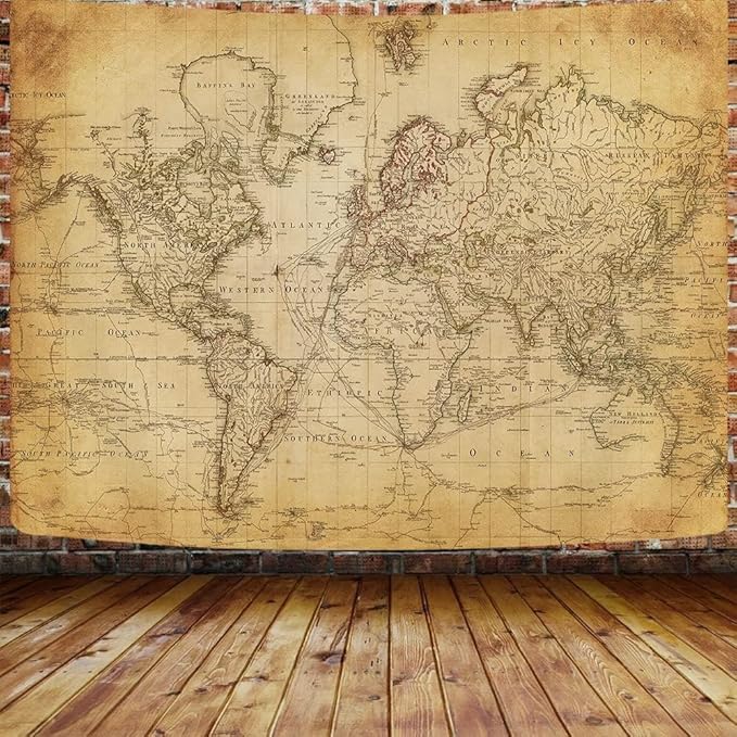 Old World Map Tapestry, Vintage World Map Geographical Distribution Tapestry Wall Hanging, Brown Historical Atlas Educational Poster Classroom Large Tapestries Office Decor 90x70