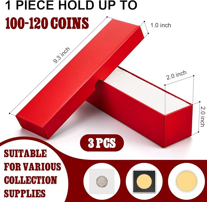 Teling 303 Pieces Coin Flips 3 Pcs 2 x 2 Inch Coin Storage Boxes 300 Pcs Cardboard Holders in 6 Sizes Collection Supplies for Collectors(Red)