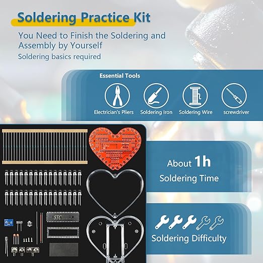 EIELE Soldering practice kit 7-colour heart-shaped LED running light Various changing modes automatic switching Soldering practice Suitable for school teaching and beginner learning Soldering required