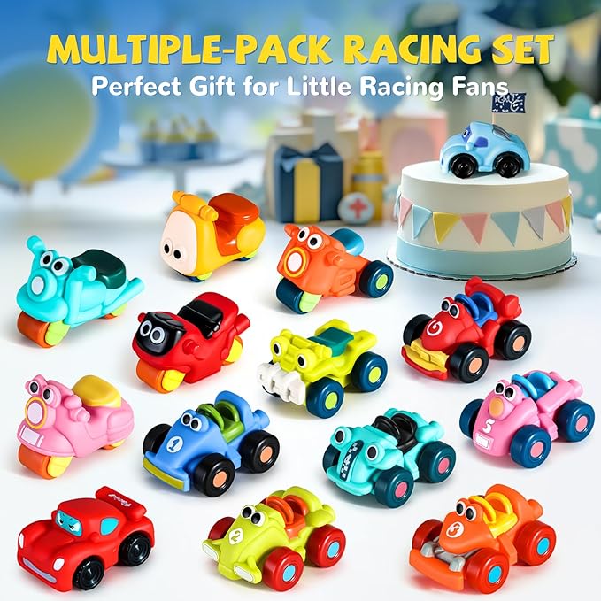 ALASOU 14 PCS Soft Rubber Cartoon Car Toy Set for Boys and Girls |Bath Toys for 1 Year Old Boy Gifts|Pool Cars for Toddlers 1-3|Birthday Party for Baby Kid Age 1 2 3