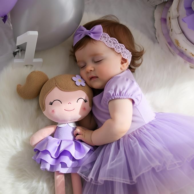 Gloveleya Princess Tutu Doll – 14 Inch Soft Plush Baby Doll for Girls with Purple Dress & Gift Bag, First Baby Doll for Toddler Girls, Birthday Present, Baby Shower & Holiday Keepsake