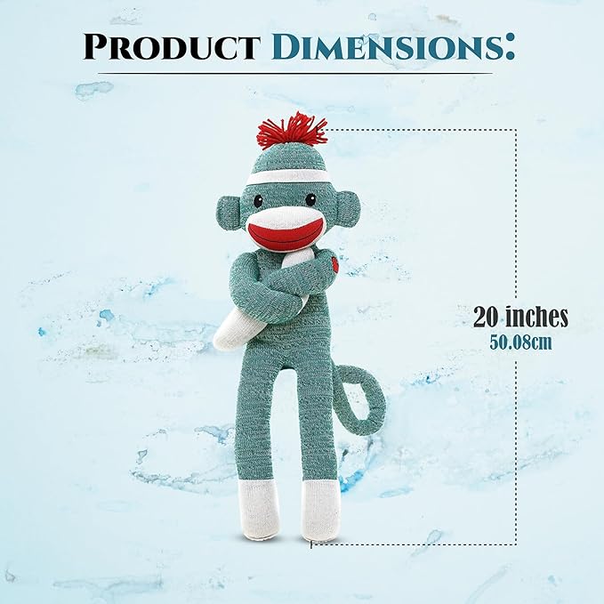 Adorable Sock Monkey, The Original Traditional Hand Knitted Stuffed Animal Toy Gift-for Kids, Babies, Teens, Girls and Boys Baby Doll Present Puppet (20" Green)