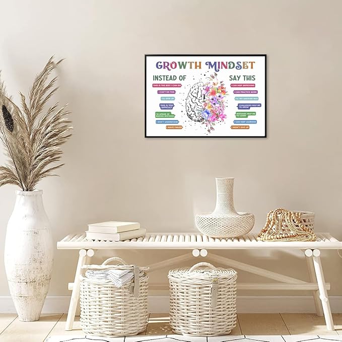 CEHNSENHUI Classroom Growth Mindset Affirmations for Kids Mental Health Posters Brain Poster Psychology Special Education Calm Corner Wall Art Office Therapy Canvas Wall Decor 20x30in BlackFramed