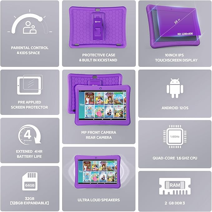 Contixo 10" Android Kids Tablet Bundle - 32GB, 80+ Disney Storybooks ($350 Value), Parental Controls, Kid-Proof Case w/Kickstand & Stylus, Headphones & Sleeve Bag - Purple