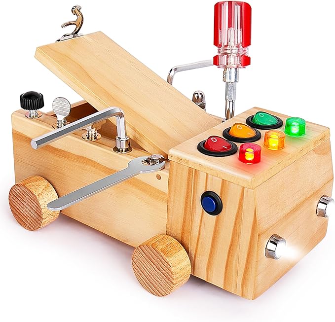 Busy Board,Montessori Screwdriver Board Set for 2-6 Years Old,Montessori Busy Board with LED Light,Wooden Sensory Toys for Boys & Girls,Christmas & Birthday Gift