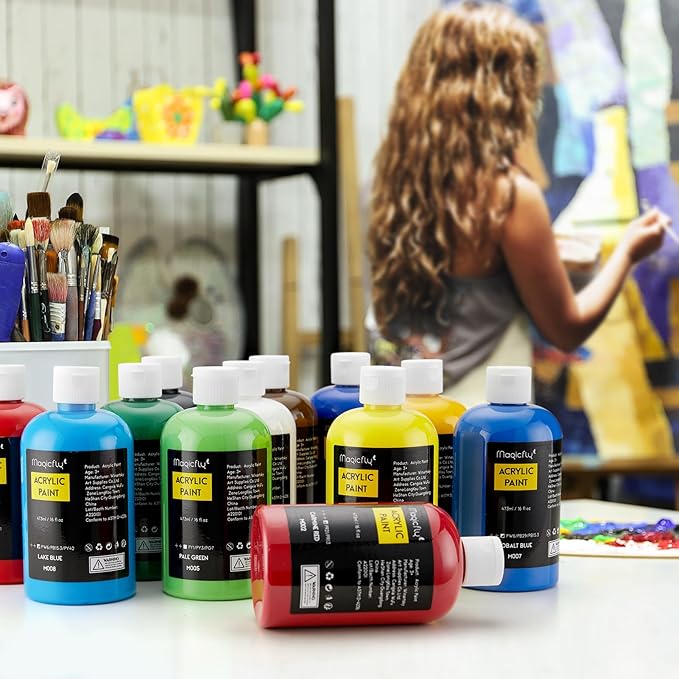 Magicfly Acrylic Paint 12 Colours/473ml, Large Bottles Acrylic Paint Set Rich Pigment Colours for Artists, Beginners, Amateurs on Glass, Stone, Canvas, Wood, Craft
