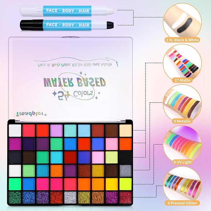 54 Color Face Painting Kit for Kids, Non-Toxic Face Paint Makeup Kit| with Stencil, Guide Book, Easy to Use and Washable Facepaint Makeup Kit for Halloween, Cosplay, School Event