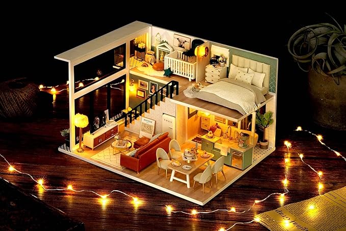 CUTEROOM DIY Miniature Dollhouse Kit with Furniture,Wooden Doll House with Music Movement & LED Lights, DIY House Kit Christmas Birthday Gifts - Comfortable Life