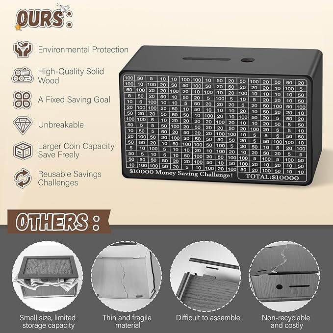 Wooden Money Saving Box, Cash Vault Savings Box for $10000 $5000 $3000 $1000 $800 $500 Target Money Saving Challenge, Reusable Money Box with Counter, Dry Erase Pen/Savings Trackers/Rubber Band-Black