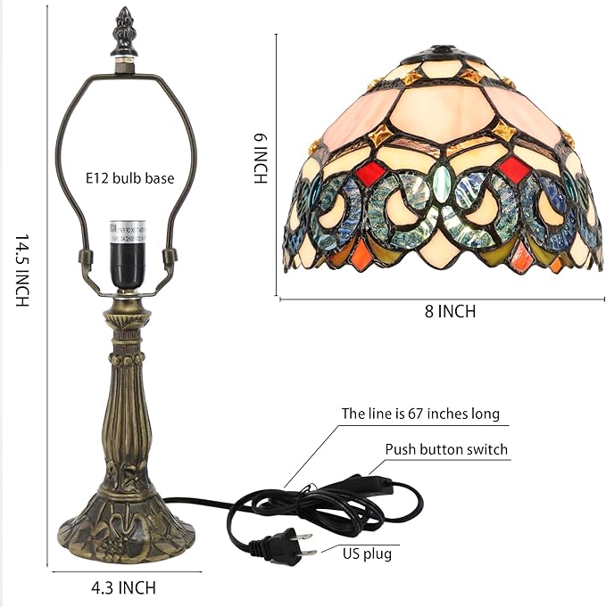 Small Tiffany Lamp Mini Accent Table Lamp Stained Glass Desk Memory Lamp Sympathy 8X14.5 Inch (Pink Baroque Style)