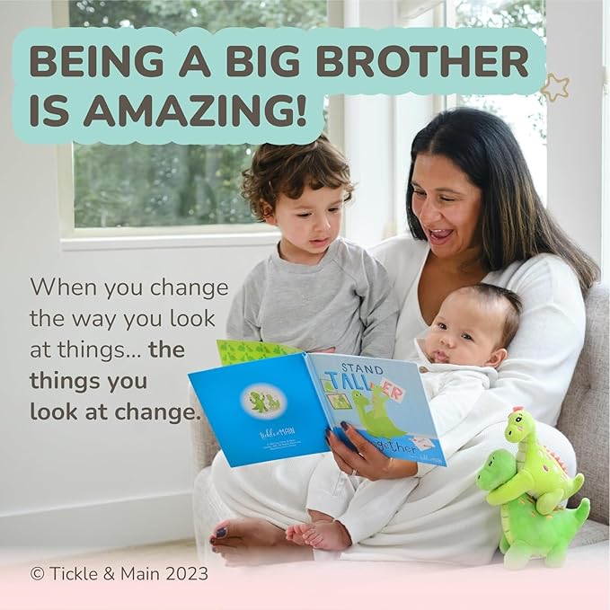 Tickle & Main Big Brother Gift Set with Dinosaur Plush & Storybook - Green Cotton Plush, 7" & 5.5", Ages 2+ - Big Brother Book & Little Sister Dinosaur Toy for Sibling Bonding
