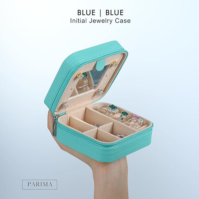 Parima Travel Jewelry Organizer Box - Small Case for Women, Mini Jewelry Box - Letter V, Aqua Blue