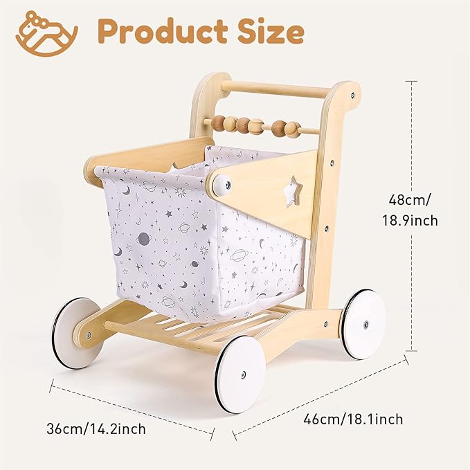Woodtoe Wooden Baby Walker Doll Stroller | Adjustable Speed Shopping Cart for Toddlers 1-3 | Baby Push Walker - Pretend Play Grocery Cart | Natural Wood Stroller Push Toys for Babies Learning to Walk