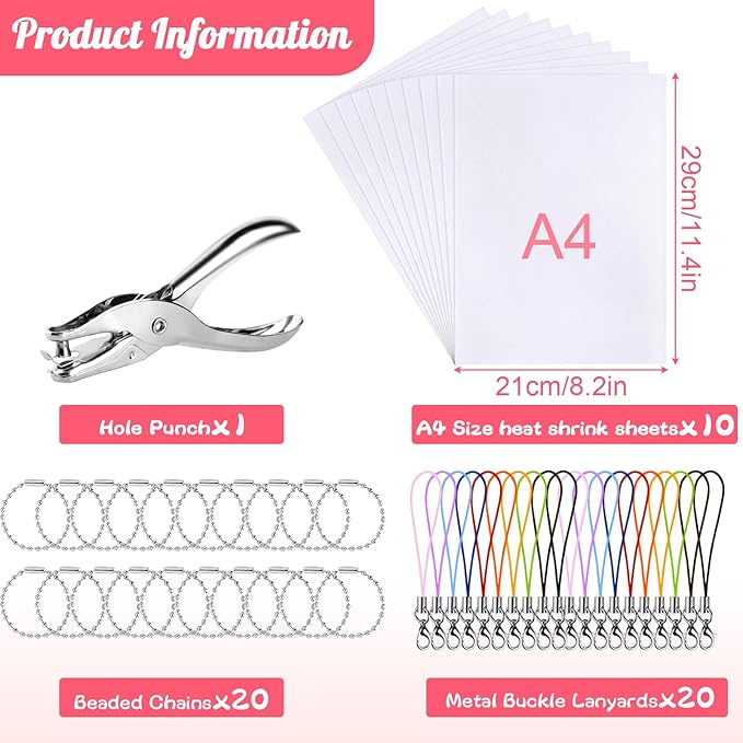ASTARON Printable Shrinking Plastic Sheets Kit, 10 Pcs A4 Size Blank Heat Shrinking Film Art Paper, Hole Punch and 40 Lanyards, Shrink Keychain Jewelry Making Accessories Craft Supplies