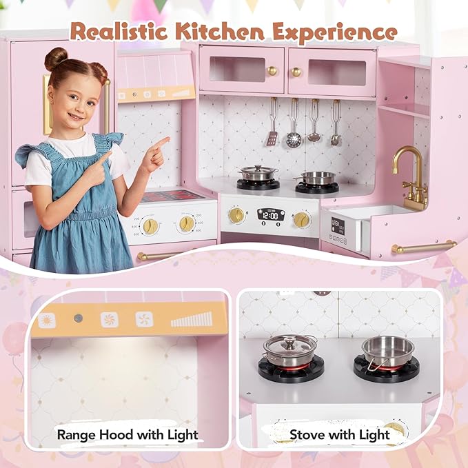 Corner Play Kitchen for Kids, Wooden Toddler Kitchen Playset with Ice Maker, Oven, Sink, Range Hood with Light, Ultimate Pretend Play Toy Kitchen Set Gift for Boys Girls Age 3+, Pink
