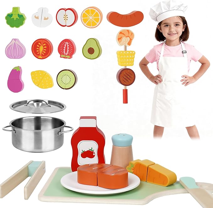 Wooden Play Food Set for Toddlers,Cutting Food for Preschool Activities, Pretend Play Kitchen Accessories for Kids, Fake Food Kitchen Toys for Boys & Girls