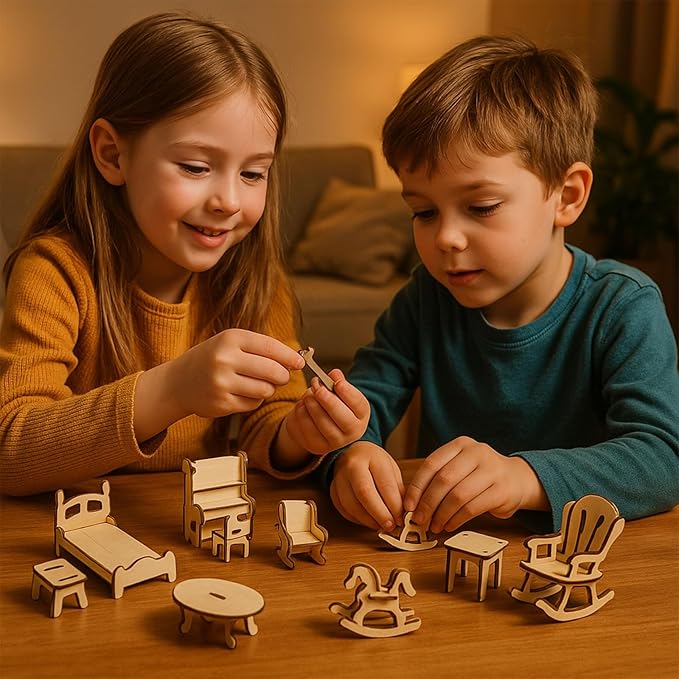 LOVEINUSA DIY Wooden Dollhouse Furniture Set, 3D Puzzle Miniature Room Accessories, Natural Wood (Pack of 2)