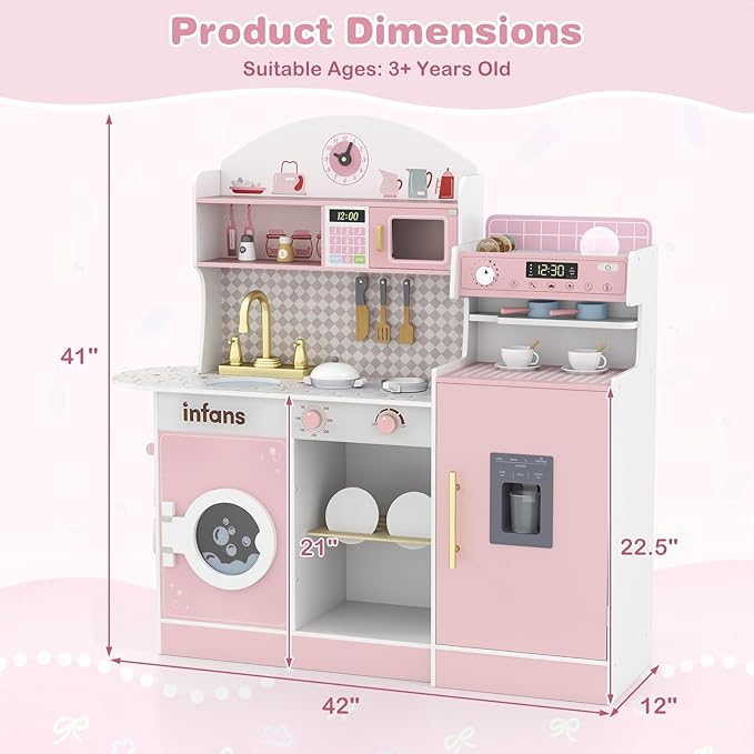 INFANS Kids Kitchen Playset, Toddler Wooden Kitchen Pretend Cooking Toy Set with Coffee Maker Ice Machine Dishwasher Microwave Storage Cabinet, Simulation Play Kitchen for Boys Girls 3+ (Pink)
