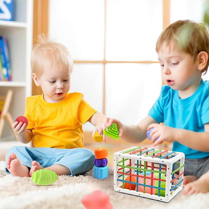 Baby Sensory Montessori Activity Toys for 1 2 Year Old Boy Girl, Early Learning Develop Shape Sorter Cube with Soft Textured Balls for Infants Toddler Birthday Gifts Christmas Stocking Stuffers