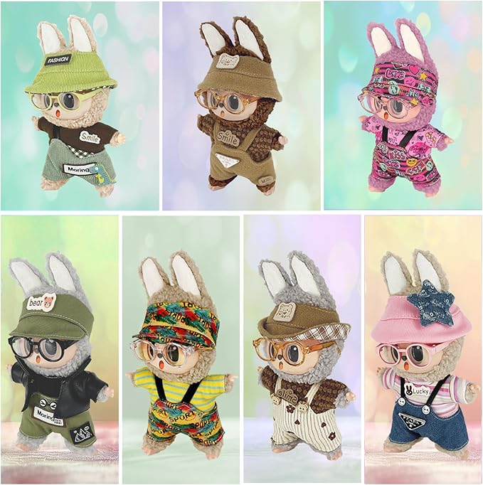 17cm Clothes Set (NO Doll) 4PC Set Hat Glasses Overalls for 17cm Accessories Suit, Doll Clothing for Trendy Blind Box，Cute Clothes for LBB Doll Dress up Unique Style,Ethnic Cute Combination (Yellow)