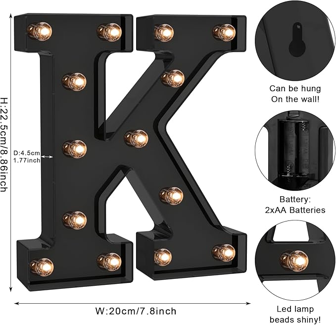 Foaky Black LED Letter Lights for Room Decor - Bedroom Wall Decor, Alphabet Lights for Home, Wedding, Party - Battery Operated （K）