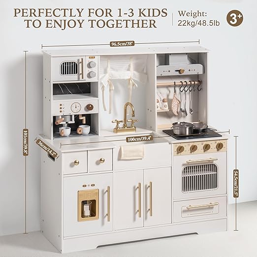 ROBOTIME Pretend Play Kitchen for Kids, Wooden Toy Kitchen with Ice Maker, Coffee Machine, Oven & Accessories – Fun Kitchen Set for Girls & Boys Age 3+