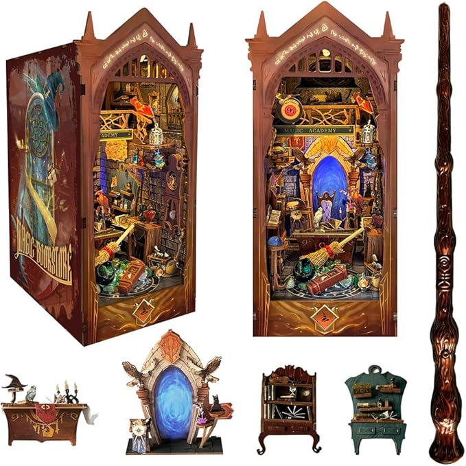 Book Nook Kit for Adults 3D Puzzle Miniature House Kit for Adults Craft Lovers Bookshelf Decor DIY Model Kit with LED Sensor Light-Magic Academy (SQ-38)