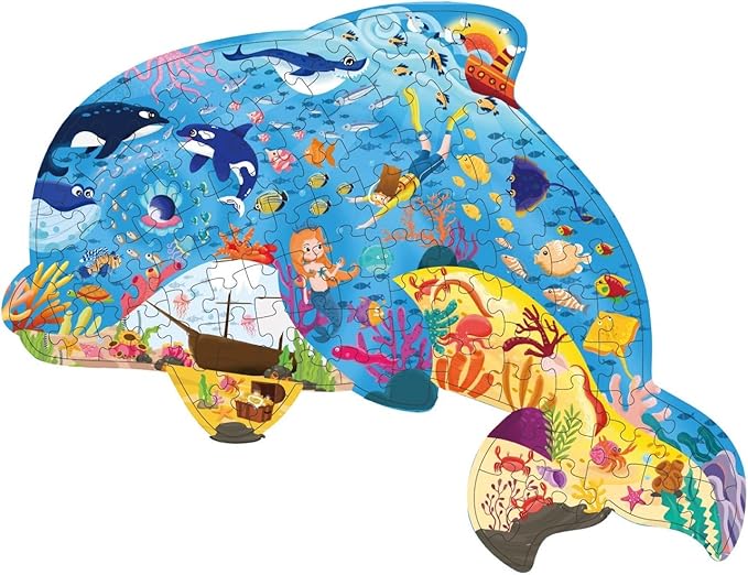 PINU Jigsaw Puzzles for Kids Ages 3-5, 6-8, 8-10, Children Colorful Fun Animal Shaped Puzzle Learning Educational Toys Gifts Games for Boys and Girls (Dolphin-108 PCS)
