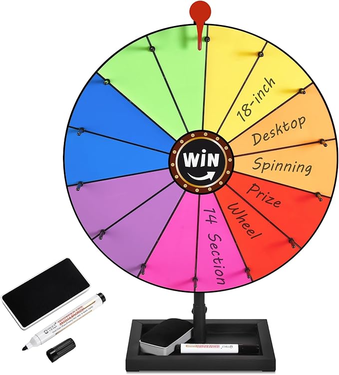 18-inch Tabletop Prize Wheel, Prize Wheel Spinner with Stand & Storage Base, Featuring a Prize Wheel with 14 Customizable Color Sections. Suitable for Party Games, Family Games (with line)