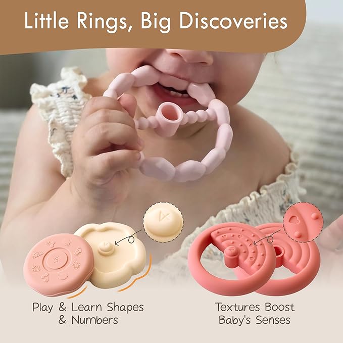 Moonkie Bunny Baby Stacking Toys | 7-Piece Silicone Rings for Teething Relief | Educational Toy for Infants & Toddlers 6 Months+ | Baby Shower or Birthday Gift for Girls