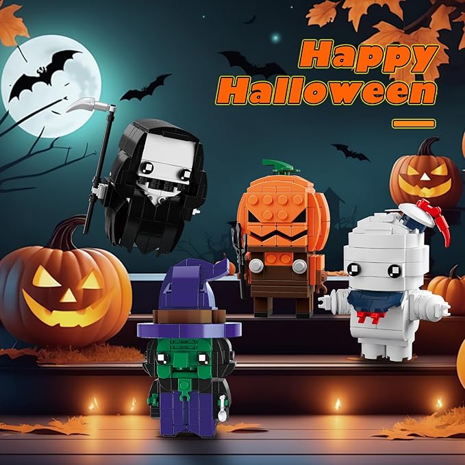 Halloween Pumpkin Ghost Witch Devil Building Blocks Kit for Kids, Halloween Bricks Figures Set Toys Gifts for Kids Party Favors Goodie Bags Stuffers for Boys Girls 6 up