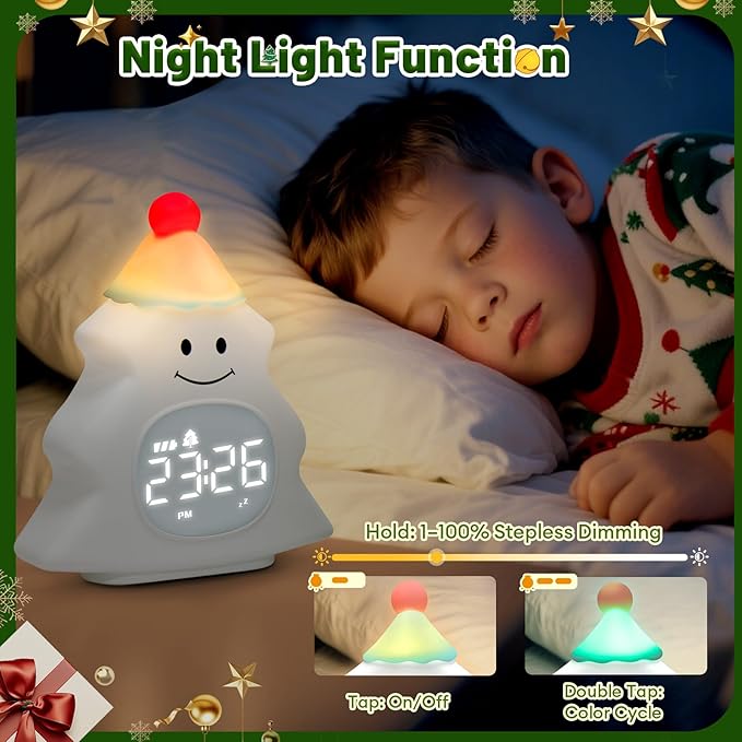 Christmas Tree Kids Alarm Clock, Digital Alarm Clock for Children with Snooze, 5 Ringtones, 8 Volume Levels, Gentle Night Light Timer, Easy-to-Read Display, Fun Holiday Wake Up Clock Gift